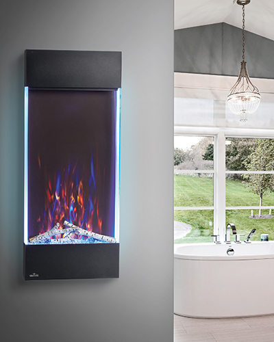 Allure Vertical Electric Fireplace installed in a Bathroom