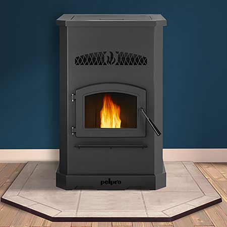 PelletPro Stove lifestyle image on blue background and flame lit