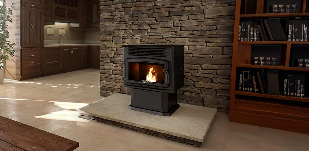 Osburn Pellet Stove in a lifestyle setting on a cement pad