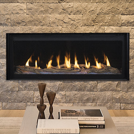 Linear gas fire place lifestyle with a stone facade